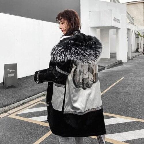 Women Winter Panda Pattern Natural Rabbit Fur Parkas Coat Raccoon Fur Hooded and Rabbit Fur Lining