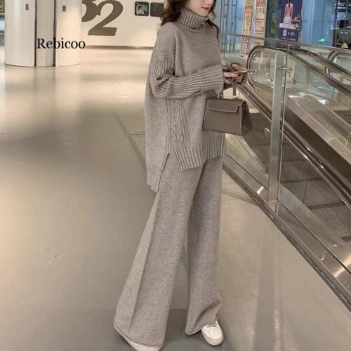 Sweater Set Women Winter Knitted Suits 2 Piece Set Soild Turtleneck Sweater + Loose Trousers Office Lady Suit Warm Pullover