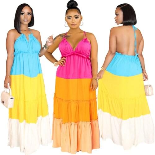 Summer New Style Womens Stitching Wood Ears Sleeveless Hanging Neck Halter Dress