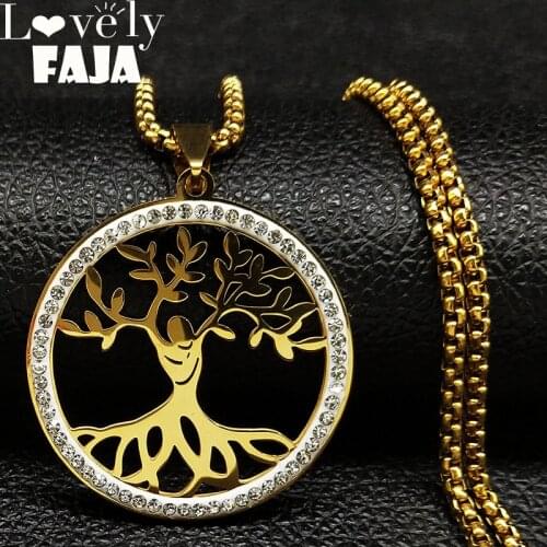 2021 Fashion Tree of Life Crystal Stainless Steel Chain Necklaces Women Gold Color Statement Necklace Jewelry bijoux N18807