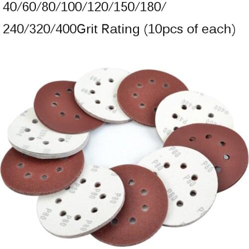 100pcs 125mm 5" Hook Loop Sanding Paper With 8 Hole Sand Pads Set 40-400Grit Sander Disc Abrasives for Polish Machine