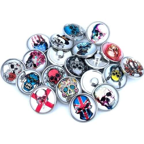 20pcs/lot 18mm 20mm Skull Skeleton Pattern Glass Cabochon Snap Buttons for DIY Bracelet Necklace Glass Charms Findings N010