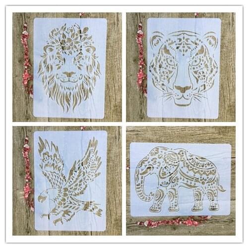 4pcs / set A4 Tiger lion eagle elephant Stencils Painting Coloring Embossing Scrapbook Album Decorative Template for walls