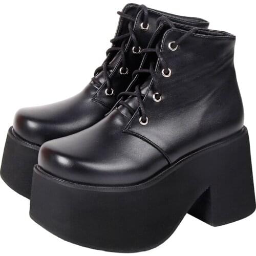 Angelic imprint Women Gothic motorcycle punk boots lady short Boots woman high trifle heels pumps shoes 33-47 10cm lace up PU