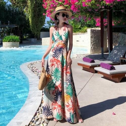 Bella philosophy 2020 Sexy High Split Maxi Dress Women Halter Backless Long Party Dresses Tropical Print Elegant Summer Vestido