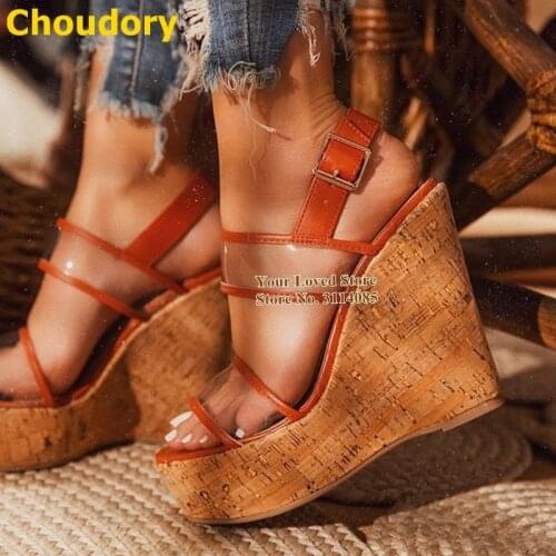 Choudory Wooden Wedges Sandals Cork Platform Dress Shoes Transparent PVC Patchwork Pumps Brown Black Matte Leather Buckle Strap
