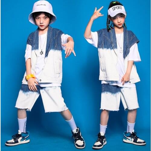ChildrenS Hip-Hop Clothes Summer New Cowboy Two-Piece Suit Boys Girl Loose Hiphop Rave Clothes Jazz Dance Practice Wear DQS7453