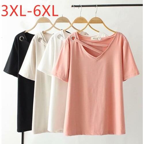 New 2021 summer Korea plus size tops for women large loose casual short sleeve cotton pink white V neck T-shirt 3XL 4XL 5XL 6XL