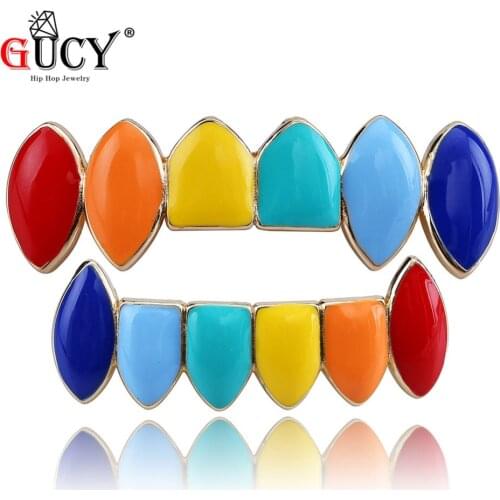 GUCY Hip Hop Gold Rainbow Teeth Grillz Top&Bottom Colorful Grills Dental Halloween Vampire Teeth Grill Set