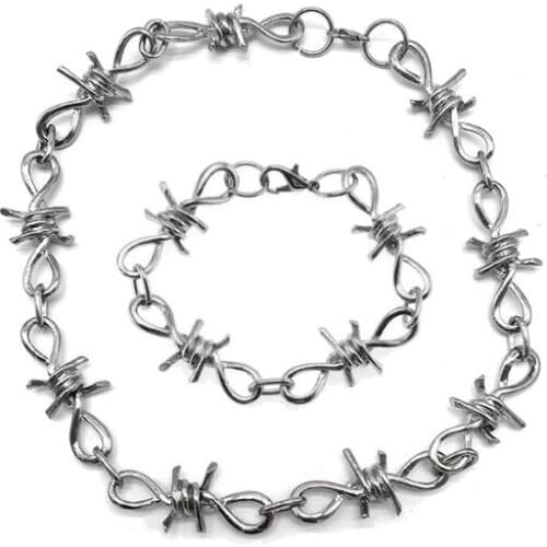 1 Set Mens Punk Gothic Alloy Barbed Wire Brambles Necklace Bracelet Jewelry Set