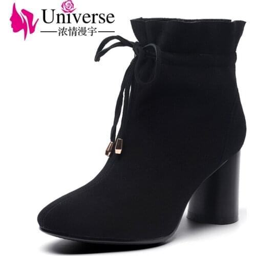 Universe stylish lace up winter boots for women chunky heel shoes black suede leather women boots G387