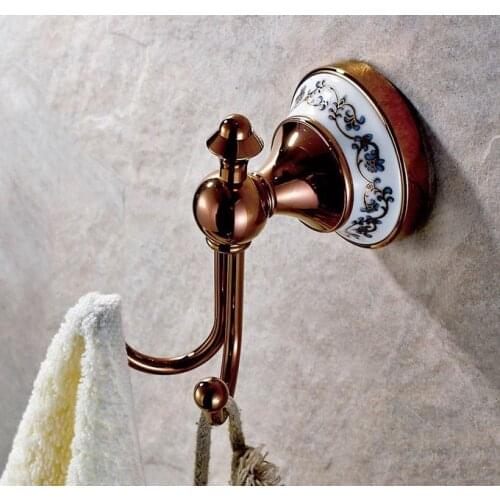 Wall Mounted Luxury Rose Gold Brass Ceramic Flower Bathroom Towel Coat Hooks Dual Robe Hook Hanger Bathroom Accessory mba384