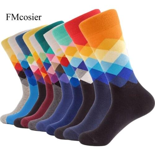 10 Pair Spring Brand Fashion Creative Cotton Socks For Men Colorful Diamond Plaid Long Socks Male Funny calcetines hombre