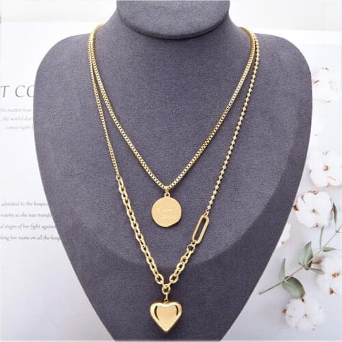 New Fashion Wome Multilayer Stainless Steel Gold Silver Color Coin Letter Luck Heart-Shaped Pendant Double Chain Choker Necklace