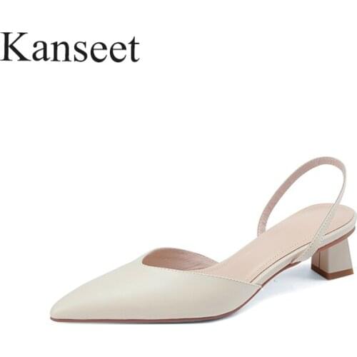Kanseet 2021 New Pointed Toe Genuine Leather Sweet Women Sandals Summer Concise Handmade Back Strap Footwear 4cm Mid Heels Shoes