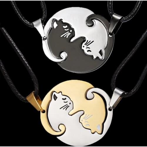 Two Cat Couples Jewelry Necklace Black White Kitten Animal Pendant Choker Necklace Women Valentines Day Thanksgiving Day Gift