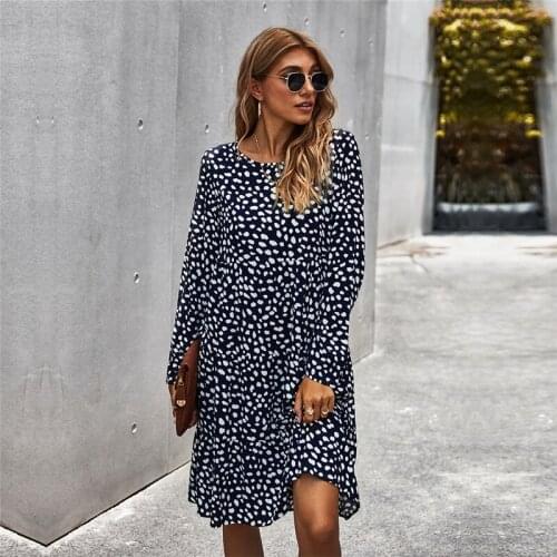 2021 New Fashion Women Dot Print Dress Spring Summer Elegant Loose Button A Line Knee Length Oversize Dress