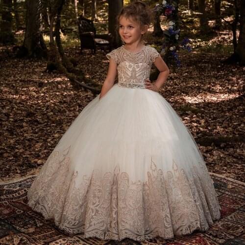 Cap Sleeves Flower Girl Dresses For Weddings Ball Gown Tulle Appliques Beaded Bow Long First Communion Dresses For Little Girls