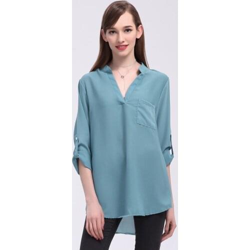 QA934 Plus size V-neck long sleeve pockets chiffon blouse thin breathable women shirt blusa feminino