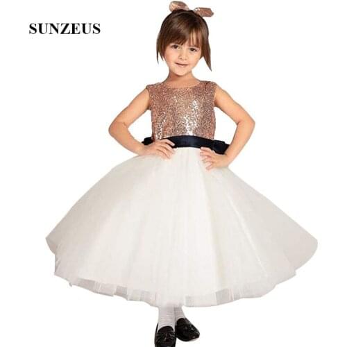 Rose Gold Sequins Lace Flower Girl Dresses Ankle Length Puffy Tulle Chidren Wedding Party Gowns With Black Bow Back