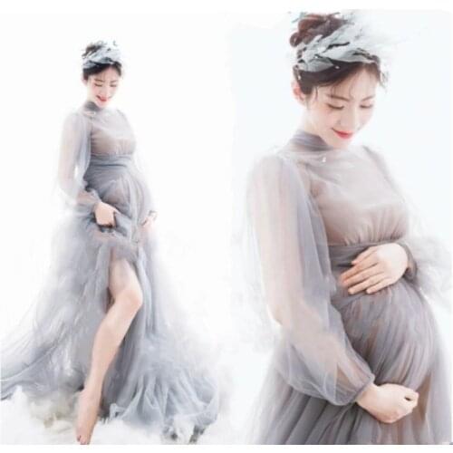 Sexy Long Maternity Photography Props Dresses Tulle Perspective Pregnancy Dress Mesh Maxi Gown For Pregnant Women Photo Shooting