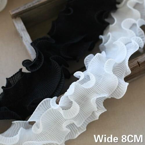 8CM Wide Double Layers Chiffon White Black Pleated Ruffled Lace 3d Flowers Neckline Collar Applique Ribbon Trim Sewing Supplies