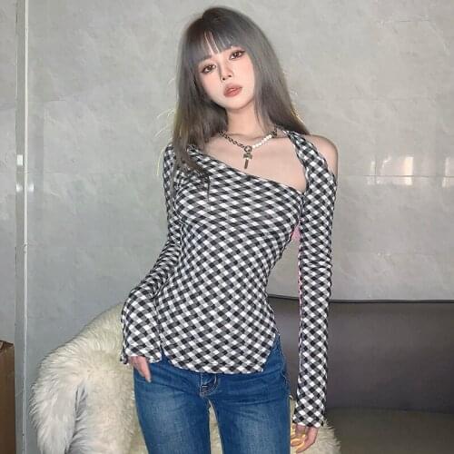 # Sisjuly# Hot Girl Style Plaid Contrast Color Irregular Top Inspirational Sexy Slim-Fit Oblique Shoulder T-shirt for Women