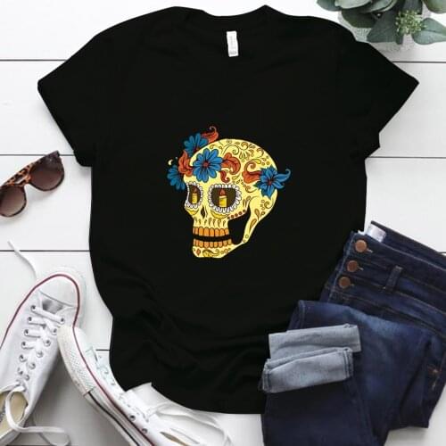 Funny Skull Graphic Punk Style Woman Tshirts Fashion Casual Short Sleeve Sun Flowers Tshirts Chemise Femme Tops Mujer Camisetas