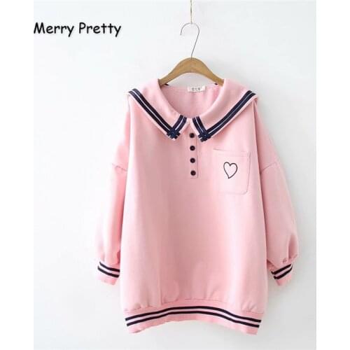 Merry Pretty Womens Cartoon Heart Embroidery Sailor Collar Hoodies Sweatshirts 2020 Winter Plus Velvet Harajuku Cute Pullovers
