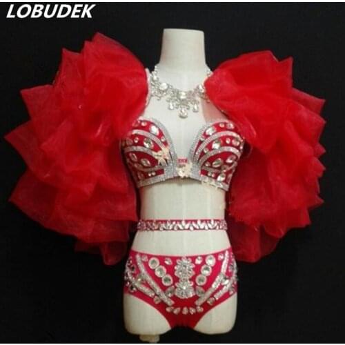 Nightclub DJ Women Singer Stage Outfit Car exhibition Female Models Catwalk Performance Costume Bar Party Red Crystal Bra Sets