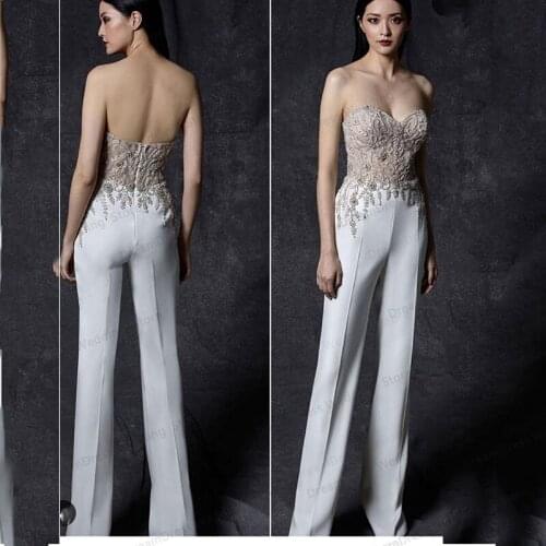 White jumpsuit Wedding pants Women Pants Crystal Beading Elegant Sweetheart Work Trousers Custom Made Female office Sexy
