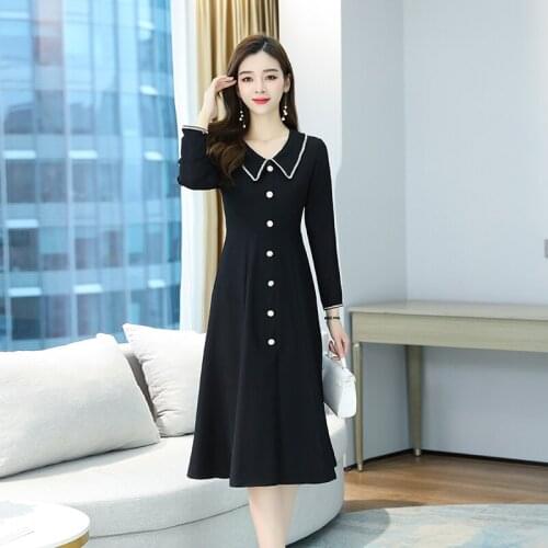 New Arrival 2020 Spring Autumn Women Temperament Peter pan Collar Long Sleeve Dress Fashion Single-breasted Slim Black Dress