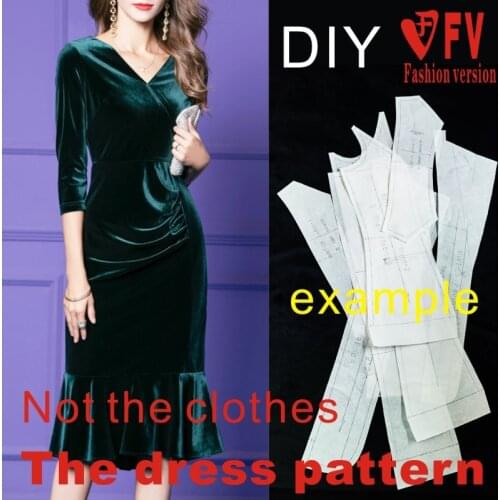 Gold velvet dress women Slim pattern V-neck fishtail skirt garment pattern cutting drawing BLQ-483
