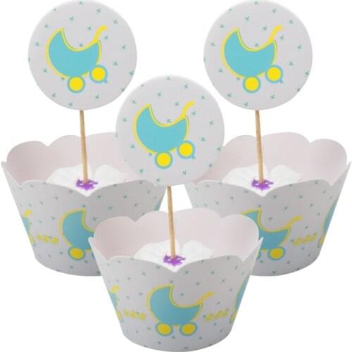 12set Baby Shower Birthday Party Decoration Cake Bake Wrappers Kids Favors Baby Carriage Theme Cupcake Toppers For baby boys
