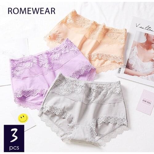 3Pcs Women Intimates High Waist Cotton Panties Lace Embroidery Hollow Transparent Sexy Lingerie Underwear Shorts Female Briefs