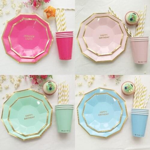 8pcs/set Colorful Paper Cups&Plates Straws Wedding Birthday Decoration Baby Shower Festival For Kids Tableware Party Supplies