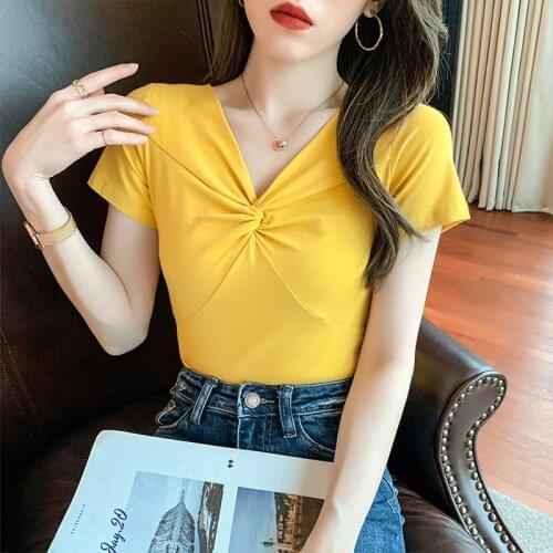 T-shirt Short Sleeves 2021 New Korean Skinny Pure Cotton T-shirts Girls Ladies Sexy Top Basic Shirts Tee V-neck T-shirt