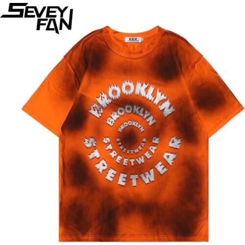 SEVEYFAN Hip Hop Tie Dye Letters Printed T Shirts Mens Oversize Short Sleeve Tees Cotton Tops