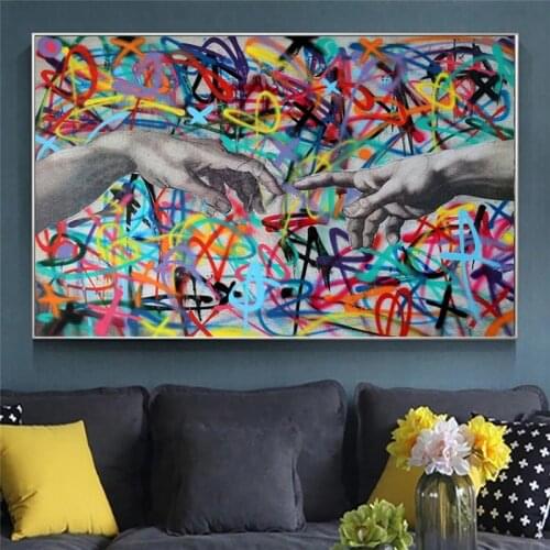 Graffiti Art and The Creation of Adam Poster and Print Famous Hand To Hand Canvas PaintingsStreet Pictures Modern Home Decor