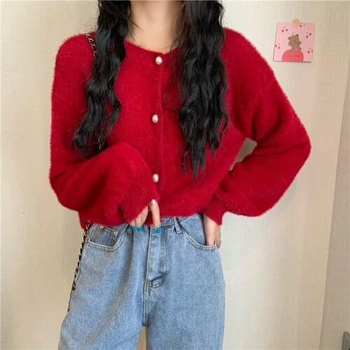 Lucyever Vintage Red Faux Mink Fur Cardigan Women 2020 Autumn New Harajuku Button Loose Sweater Coat Woman Long Sleeve Cardigans