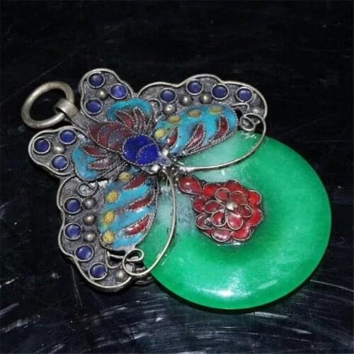 Collection Chinese Hand-made Cloisonne Butterfly Emerald Safety Buckle Pendant Necklace Pendant Fengshui Decoration