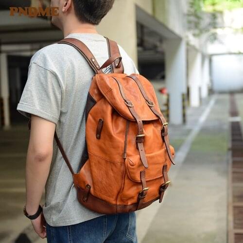 Vintage design genuine leather mens large-capacity backpack casual high-quality natural real cowhide outdoor travel bagpack