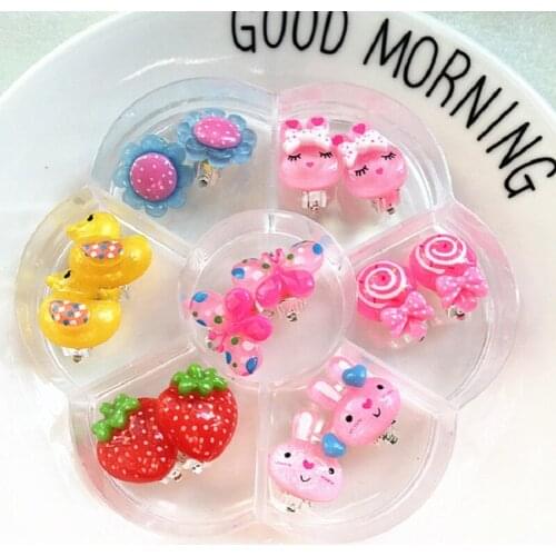 7pairs/box Girls Earring Set Cute Flower Animal Cartoon Design Ear Clip with Storage Box Kids Accessories Jewelry Makeup Toys