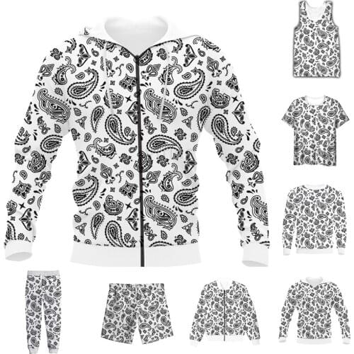 New Funny 3D Full Print Bandana White Black Paisley T-shirt/Sweatshirt/Zip Hoodies/Thin Jacket/Pants Four Seasons Casual Suit V5