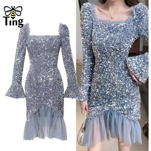 Tingfly Ruched Square Collar Sexy Bodycon Glitter Sequined Dress Sexy Party Night Dresses Ruffles Hem Lady Elbise Curve Hot Robe