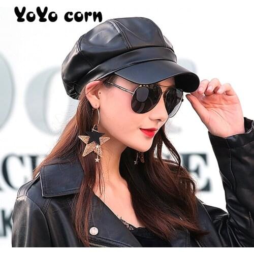 Fashion Solid color Octagonal Cap Hats Female Autumn Winter Leather Panama Stylish Artist Painter Newsboy Caps Beret Woman hat