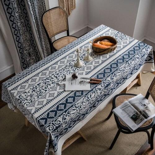 Retro Blue and White Porcelain Linen Cotton Tablecloth Printed Home Dining Tables Cover Coffee Table for Living Room Mat Tapete