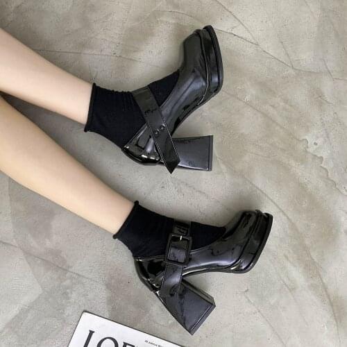 Spring Autumn Platform Thick Sole Pumps Women Patent Leather Mary Janes Ladies Footwear Shoes High Heels Top Quality Black