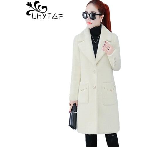 UHYTGF Women Winter Coats Quality Mink Fleece Warm Autumn Woolen Jacket Mid-Length Pure Color Wild Loose Plus Size Outwear 1204