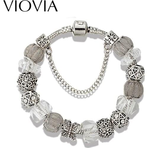 VIOVIA Fashion Summer Jewelry Vintage Antique Silver Color Butterfly Charms Bracelets & Bangles Fit Euorpean Pulseras B16048